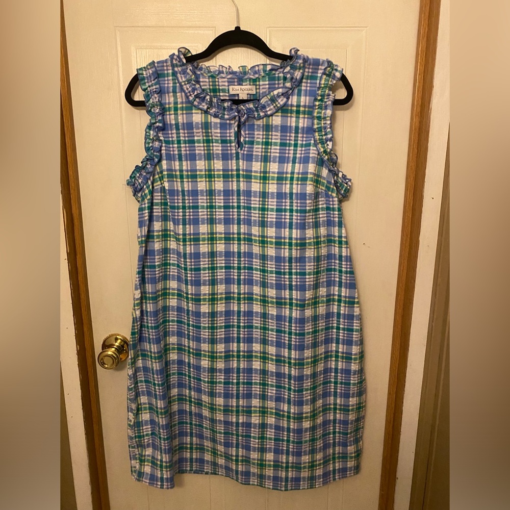 Kim Rogers Blue, Green and White Plaid Ruffle-Trim Midi Dress - Picture 3 of 9